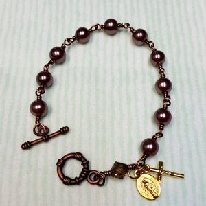 Copper Wire Wrapped Chocolate Pearl Rosary Bracelet!